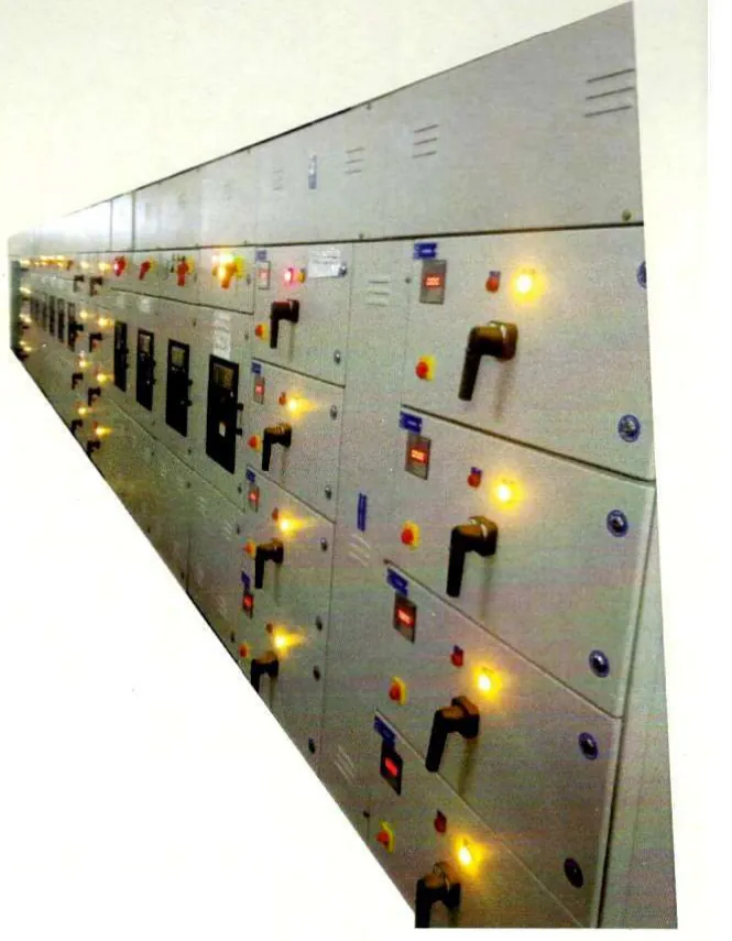 Long DG and mains distribution panel line-up with indication lamps