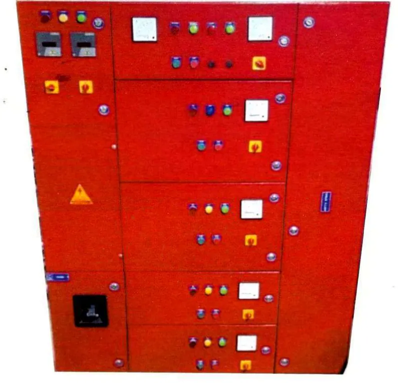 Red fire pump control panel with starters, meters and indication lamps