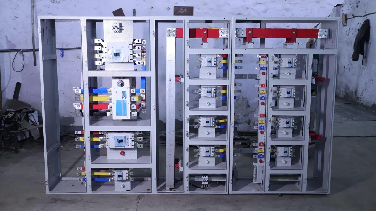 Inside a distribution panel during assembly, showing MCCBs, busbars and wiring