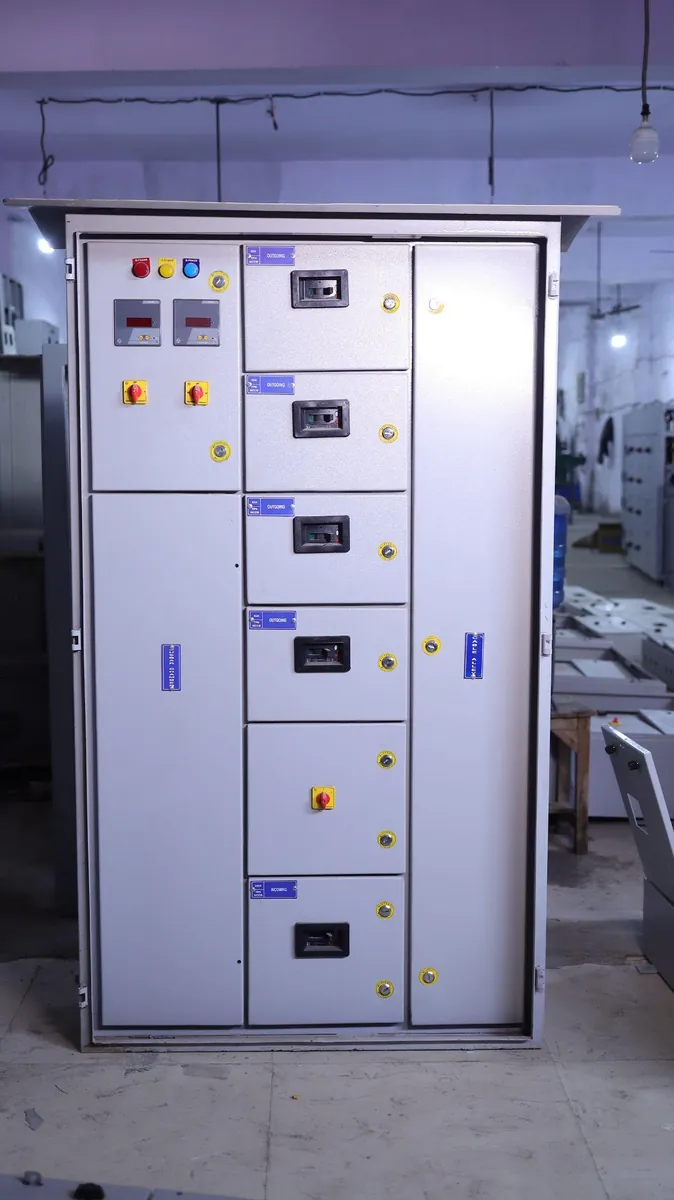 Floor-standing LT distribution panel with meters and MCCB outgoing feeders